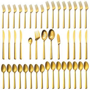 lot 4092 image: Alata Cube Gold 45-Piece Flatware Set, Forged Cutlery Set, Matte Gold Silverware Service for 8, Stainless Steel Tableware with Square Handle for HomeRestaurant, Dishwasher Safe