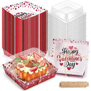 lot 4105 image: Remerry 50 Set Valentines Day Charcuterie Boxes with Clear Lids and Rope 5 Inch Red Pink Heart Dessert Boxes Square Disposable Paper Food Containers for Valentine Sweets Cookies Bakery Gift Packaging