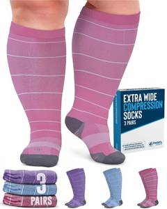 lot 4126 image: Doctors Select Plus Size Compression Socks - 3 Pairs, Up to 6XL, Wide Calf, 20-30 mmHg, Blue, Pink, Purple (Stripes)