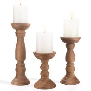 lot 4132 image: Farmhouse Wooden Candle Holders for Pillar Candles Set of 3, Rustic Wood Candle Holder Table Centerpiece Decor, 12 9 6 Vintage Tall Candle Stand Decorative, Brown