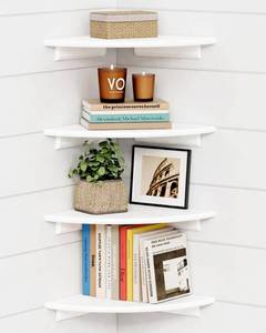 lot 4133 image: Forbena Corner White Floating Book Shelves for Wall Set of 4, Wood Nursery Corner Bookshelf for Kids Bedroom, Large Modern Round Wall Bookshelves for Living Room Decor, Indoor Plants, Bathroom