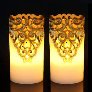 lot 4138 image: Eldnacele Flameless Christmas Gold Candles with 5H Timer, Flickering Real Wax Battery Operated Pillar Candles for Christmas Holiday Decoration Gold (D3 x H6)