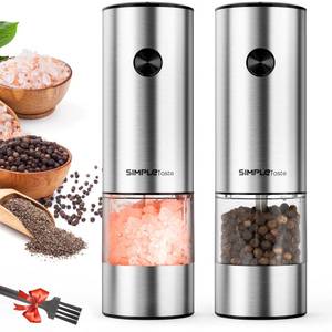 lot 4141 image: SIMPLETASTE Electric Salt and Pepper Grinder Set with LED Light, Automatic Pepper Mill Shakers with Adjustable Coarseness, One Hand Operation for Kitchen, Dining, Gifting, Silver, Battery Operated