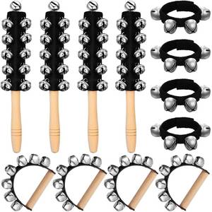 lot 4167 image: Lukmaa 12 PCS Christmas Hand Jingle Bells Wooden Handle Bells Wrist Band Shaking Bell Stick Musical Percussion Instrument Bell for Xmas Holiday Music Birthday Party Favors(Black, Silver)