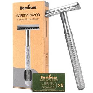 lot 4190 image: Bambaw Double Edge Safety Razor for Men &amp Women, Metal Razor with 5 Double Edge Safety Razor Blades, Eco-Friendly Razor Silver