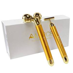 lot 4195 image: Amirce Face Massager Roller Golden 3D Roller Electric Facial Roller and T Shape Facial Roller Massager Kit Face Rollers