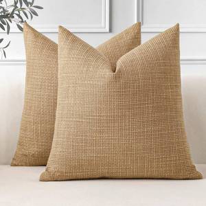 lot 4213 image: OTOSTAR Pack of 2 Throw Pillow Covers 18x18 Inch Linen Light Brown Pillowcases Farmhouse Decorative Solid Pillow Covers 45x45 cm Square Cushion Case for Home Decor Sofa Couch Bed (Light Brown)