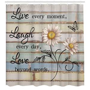 lot 4217 image: Floral Butterfly Shower Curtain White Daisy Flower with Motivational Love Quotes on Wood Board Bath Curtain Set Live Laugh Bathroom Curtains for Farmhouse Rustic Bathroom Decor Fabric 72x72inch