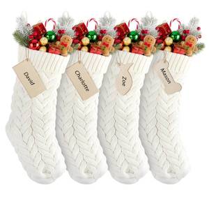 lot 4228 image: ABSOFINE 4 Pack Personalized Christmas Stockings 18 Inch, Large Xmas White Knit Christmas Stockings with Name Tags, Neutral Christmas Decorations Hanging Stockings for Family Fireplace Holiday Party
