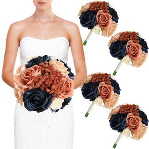 lot 4257 image: DIYDOFUN Wedding Bridesmaid Bouquets Set of 4, Artificial Silk Flowers Arrangement for Ceremony Marriage Proposal Party Anniversary Decorations - Burnt Orange & Navy Blue