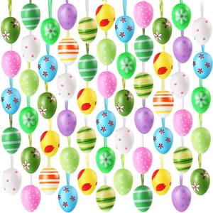 lot 4276 image: Chalyna 60 Pieces Easter Egg Hanging Ornaments for Tree Decoration Colorful Easter Plastic Hanging with Stripes Dots Flowers Spring Ornaments Decorative for Holidays
