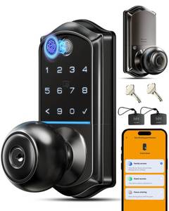 lot 4287 image: Veise VE018 Smart Knob Handle Lock - Fingerprint, App Control, Keyless Entry for Front Door and Bedroom, Electronic Digital Keypad, Auto Lock, Remote Access Sharing, IP55 Weatherproof, Matte Black