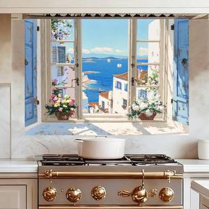 lot 4299 image: Wall Sticker 35.5x23.6 Inch Removable Self Adhesive Large Decal Mediterranean Blue Window Sea View Peel and Stick Wall Art for Living Room Bedroom Dining Room Kitchen Cafe Office Home Decoration