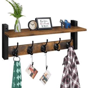 lot 4308 image: Homode Wall Hooks with Shelf, Wood Coat Rack with Shelf Wall-Mounted, Entryway Hanging Shelves with 5 Metal Hooks for Clothes Hats Towel Purse Robes, Bathroom Mudroom Bedroom, Rustic Brown Black