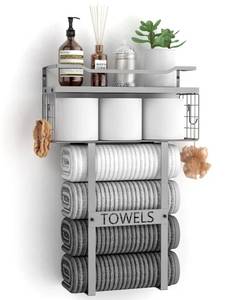 lot 4315 image: Towel Racks for Bathroom Wall Mounted - Bath Wall Towel Holder Set Above Toilet Storage, Rolled Towel Shelf Organizer for Small Bathroom, Wood Vertical Towel Rack for Bathroom Wall Decor Grey