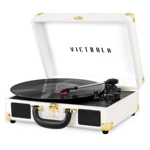 lot 4317 image: Victrola Journey Bluetooth Portable Suitcase Record Player with Built-in Speakers, 3 Speed Vinyl Record Player, RCA Out, Headphone Jack (White)