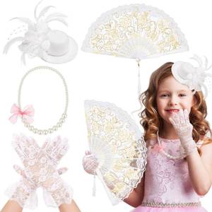 lot 4330 image: Sintege 4 Pcs Girls Tea Party Set Girls Tea Party Accessories Gloves Hats Necklace Fans for Toddler(White)