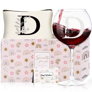 lot 4342 image: Valentines day Mothers day Gifts for Women, Monogrammed Wine Glasses with Makeup Bag, Unique Wedding White Elephant Gifts for Mom Dad Sister Teacher Wife Husband (D)
