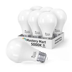 lot 4344 image: MASTERY MART 6 Pack A19 LED Light Bulbs 60 Watt Equivalent, 9W Non-Dimmable, Flicker-Free, 800 LM, Bright Daylight White 5000K, E26 Base, 10000 Hrs, 80 CRI, Energy Saving, for Living Room, Office
