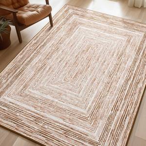 lot 4352 image: Phantoscope Washable Area Rug 5x7 Non-Slip, Modern Neutral Boho Rugs for Living Room, Bedroom, Dining Room, Distressed Geometric Rectangle Pattern, Low-Pile Foldable Floor Carpet, Neutral BeigeRust
