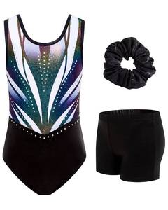 lot 4357 image: JiAmy Gymnastics Leotards for Girls Sparkly Ballet Dance Outfits with Shorts Scrunchie Teens 3 Piece Set Size 11-12Y