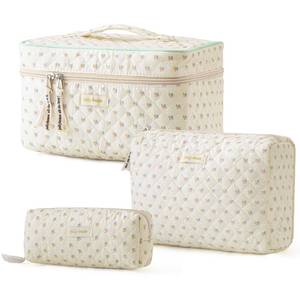 lot 4372 image: HBselect Quilted Makeup Bag, 3PCS Cotton Large Travel Makeup Bag, Cute Floral Coquette Make up Bag Cosmetic Bag Toiletry Bag for Women Girls
