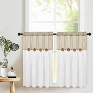 lot 4373 image: Boho Kitchen Curtains 36 Inch Length, Farmhouse Cotton Linen Tier Curtains, Rustic Button Short Curtain for Windows, Country Cafe Rod Pocket Small Window Curtain, Linen and White, 26x36