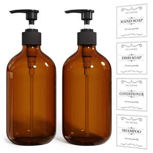 lot 4396 image: 2PCS Amber Dish Soap Dispenser for Kitchen (16 Oz), Brown Hand Soap Dispenser for Bathroom, Plastic Soap and Liquid Dispenser Set with Rust Proof Pump, Refillable Soap Pump Bottles, Waterproof Labels