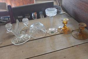 lot 3942 image: Vtg. Amber Glass Candle Stick Holders & More
