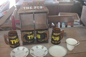 lot 4019 image: Vintage The Pub Glasses in Wood Rack & More
