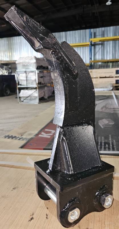 lot 4288 image: 2025 Unused Heavy Equipment Ripper Shank Assembly w Dual Pin Mount Attachment for Excavator -  Black Powder-Coated Steel Ripper Shank Assembly Featuring Dual Mounting Pins with Hex Nuts, Curved Design for Ground Penetration.