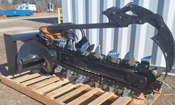 lot 4556 image: Unused JCT Skid Steer Trencher - Heavy-Duty Steel Build with High-Performance Chain and Teeth
