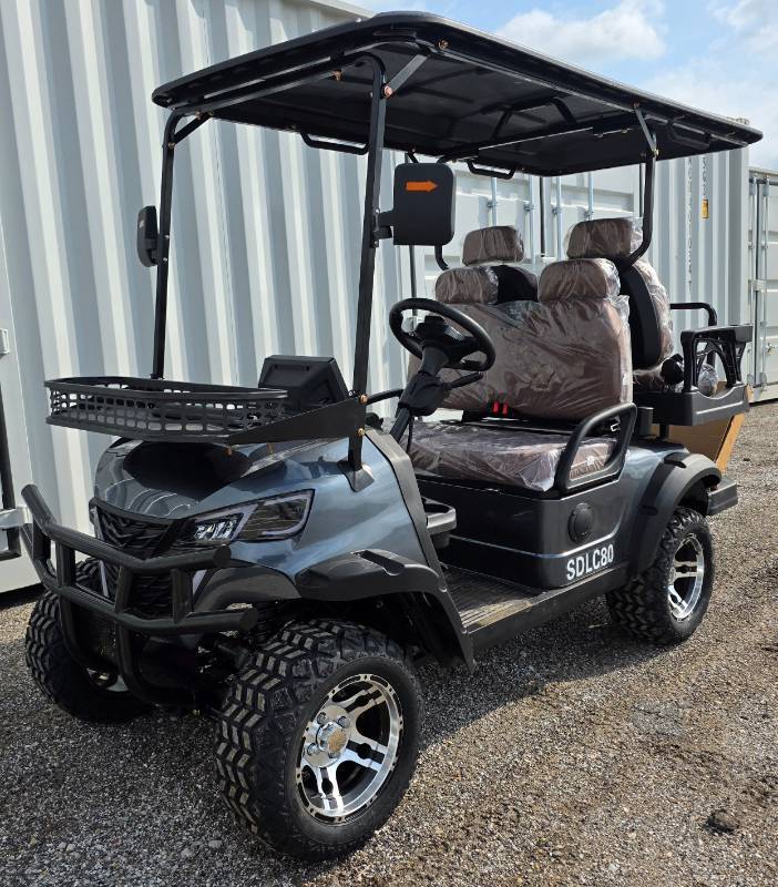 lot 5005 image: Extremely Nice & Impressive Unused Gray SDLGC80 Golf Cart 4000W 60V-50 Mile Range-4 Luxury Seats w Headrests-DOT Seat Belts-DOT Acrylic Foldable Windshield-Headlights-Tail Lights-Turn Signals-Rear View Mirror-Horn-Rear Camera