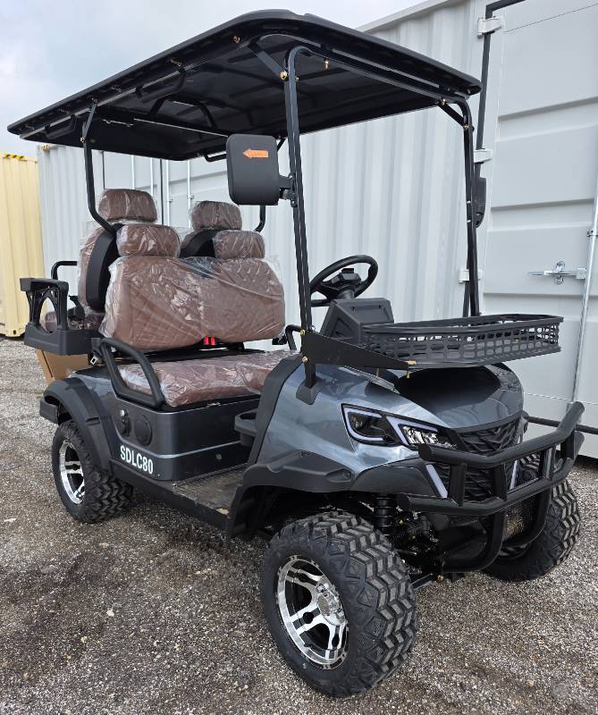lot 5004 image: Extremely Nice & Impressive Unused Gray SDLGC80 Golf Cart 4000W 60V-50 Mile Range-4 Luxury Seats w Headrests-DOT Seat Belts-DOT Acrylic Foldable Windshield-Headlights-Tail Lights-Turn Signals-Rear View Mirror-Horn-Rear Camera