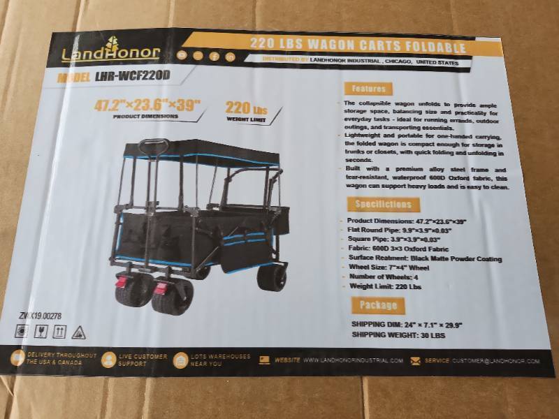 lot 3356 image: Unused LandHonor 220lb Capacity Foldable WagonCart  LHR-WCF220D