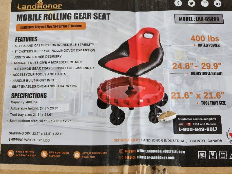 lot 3390 image: Unused LandHonor Mobile Rolling Gear Seat w Adjustable Height - 400lb Weight Capacity  LHR-GS400