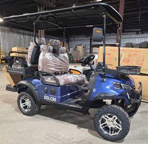 lot 5008 image: Cart Will Not Move See Details - Unused Blue SDLGC80 Golf Cart 4000W 60V-50 Mile Range-4 Luxury Seats w Headrests-DOT Seat Belts-DOT Acrylic Foldable Windshield-Headlights-Tail Lights-Turn Signals-Rear View Mirror-Horn-Rear Camera