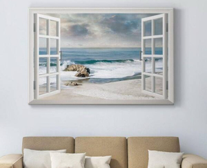 lot 43477 image: Beautiful Ocean View Window Frame Canvas Wall Art