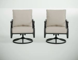 lot 43993 image: Outdoor Swivel Patio Armchair Set, MISSING CUSHION COVERS