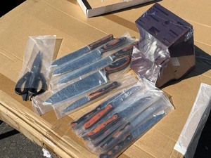 14 Piece Quality Damascus Textured Styled - Scorched Wood Handles - Missing Sharpener Piece see images