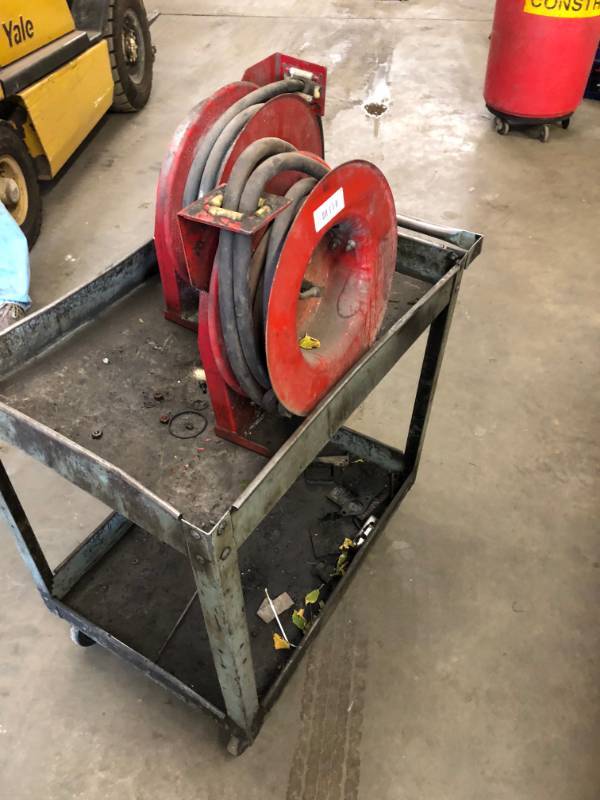 lot 31 image: 2 qty Air hose reels and Rolling tool cart