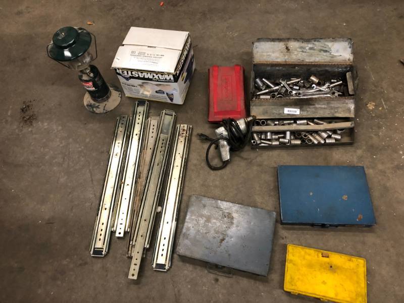 lot 62 image: Lot of tools SnapOn S&K Sockets wrenches Drwer Slides Coleman Lantern Wax master Buffer and more