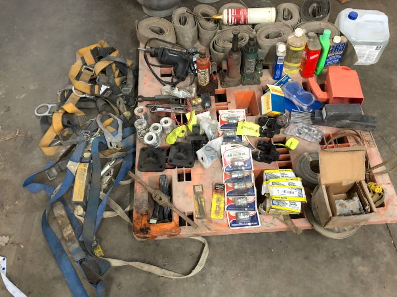 lot 49 image: Large Lot of Tools Safety Climbing Gear Solder Trailer straps air hose Parts  Cleaning chemicals  DEF Fluid  and much mroe