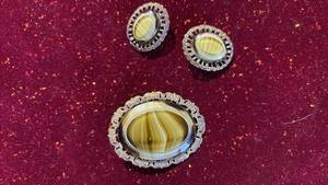 WOW! Vintage W. German Manufacture Glass and Gilt Brooch and Matching Clip Earrings