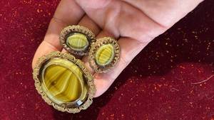 WOW! Vintage W. German Manufacture Glass and Gilt Brooch and Matching Clip Earrings
