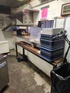 lot 3743 image: Assorted Lot W Industrial Table, Trays, Mounted Shelving Units, and More