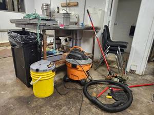 lot 3754 image: Assorted Lot W Shop Vacuums, Metal Storage Shelving, Chairs, Kitchenware, and More