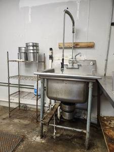 lot 3755 image: Commercial Kitchen Pre-Rinse Unit with Sink and Storage Rack
