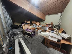 lot 3775 image: Contents of Attic Space Including Rice Cooker, Sauce Bottles, Shelving, and More