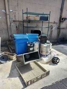 lot 3777 image: Assorted Lot W Industrial Shelving Unit, Trash Bins, Stainless Steel Kegs, and More